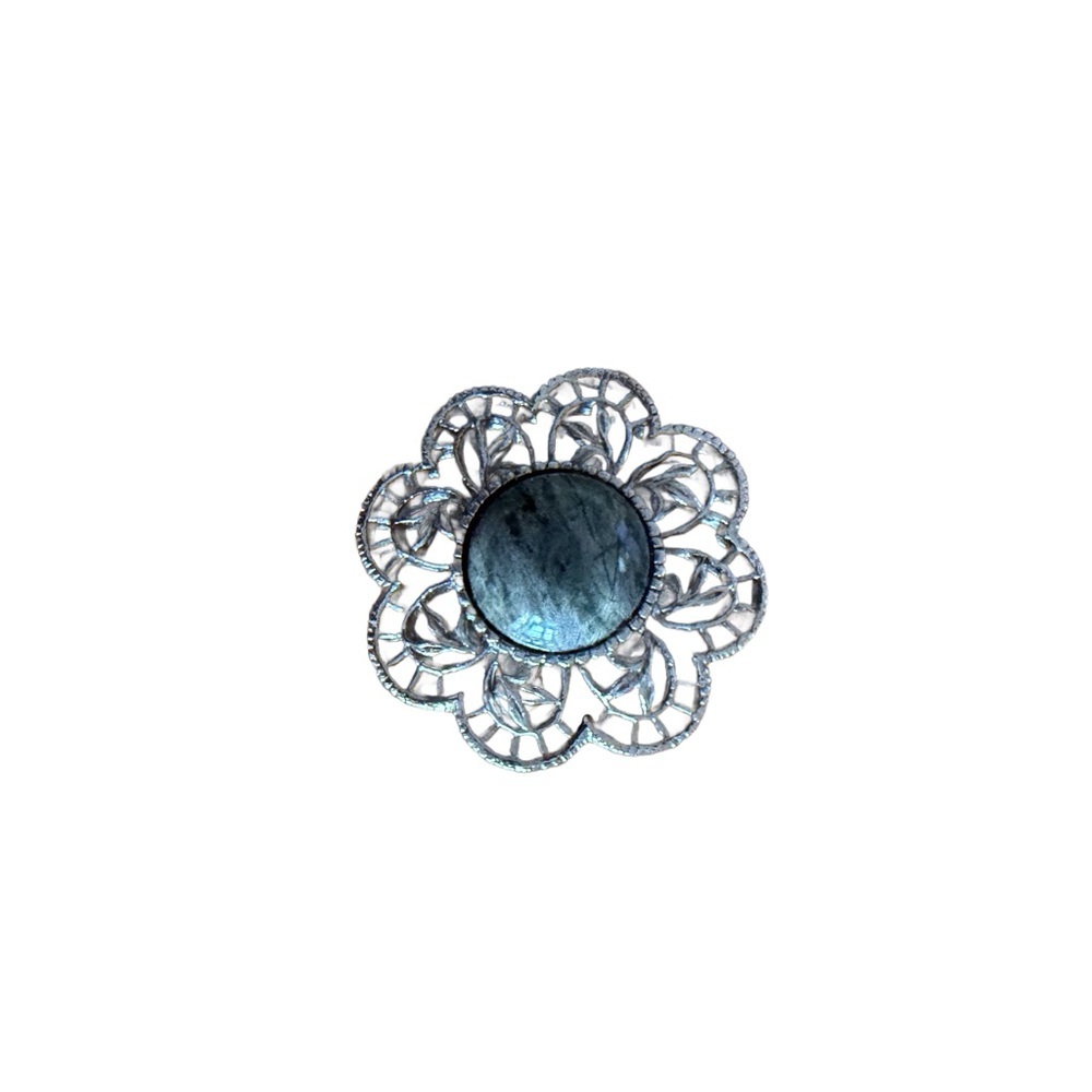 Vintage Silver Filigree Floral Brooch with Labradorite Center 2 Inch - Picture 2 of 4